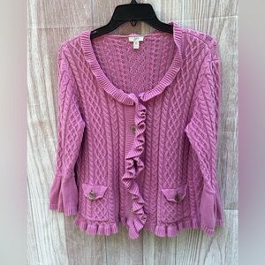 Vintage J Jill size MP pink ruffle cable knit crochet sweater regency Victorian